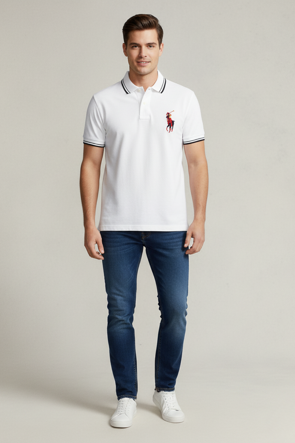Classic Horse Logo Premium Cotton White Men’s Polo Shirt