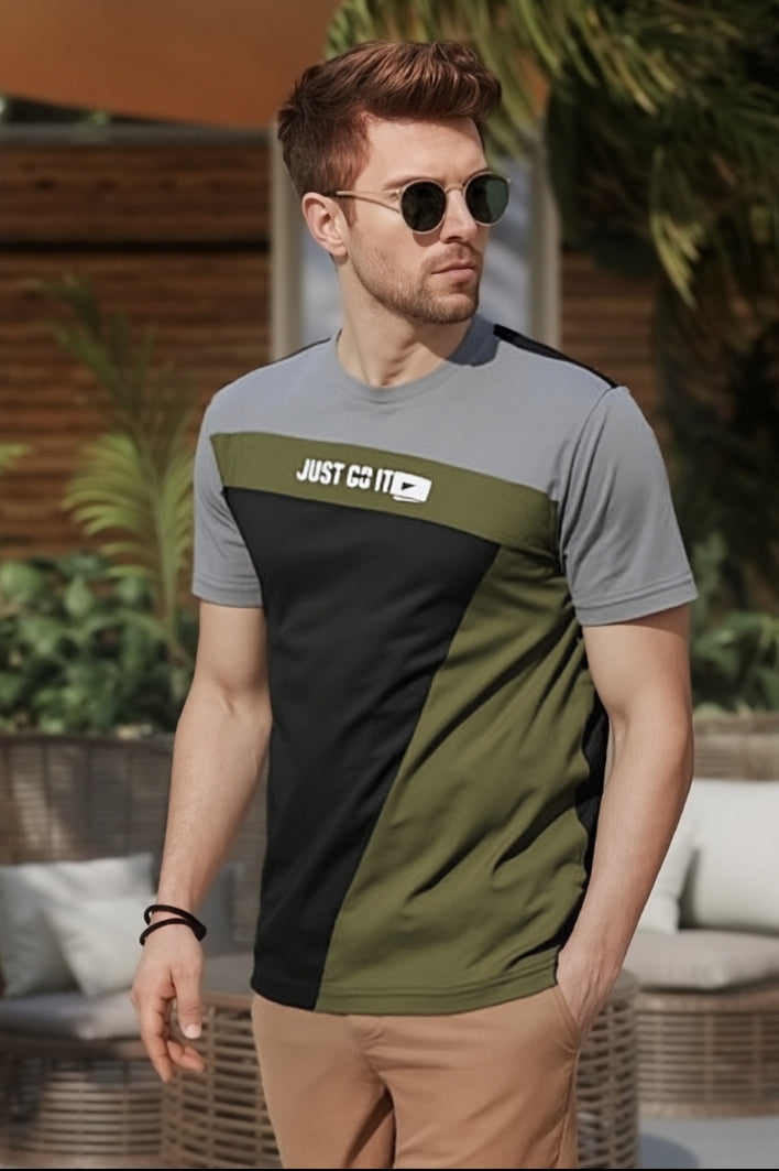 gray, green, and black 'Just Grit' t-shirt