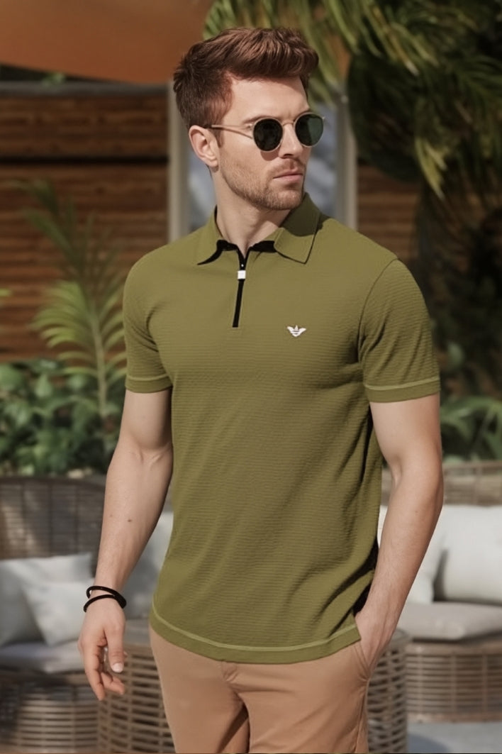 Armani Eagle Icon Zip Collar Luxe Cotton Men’s T-Shirt